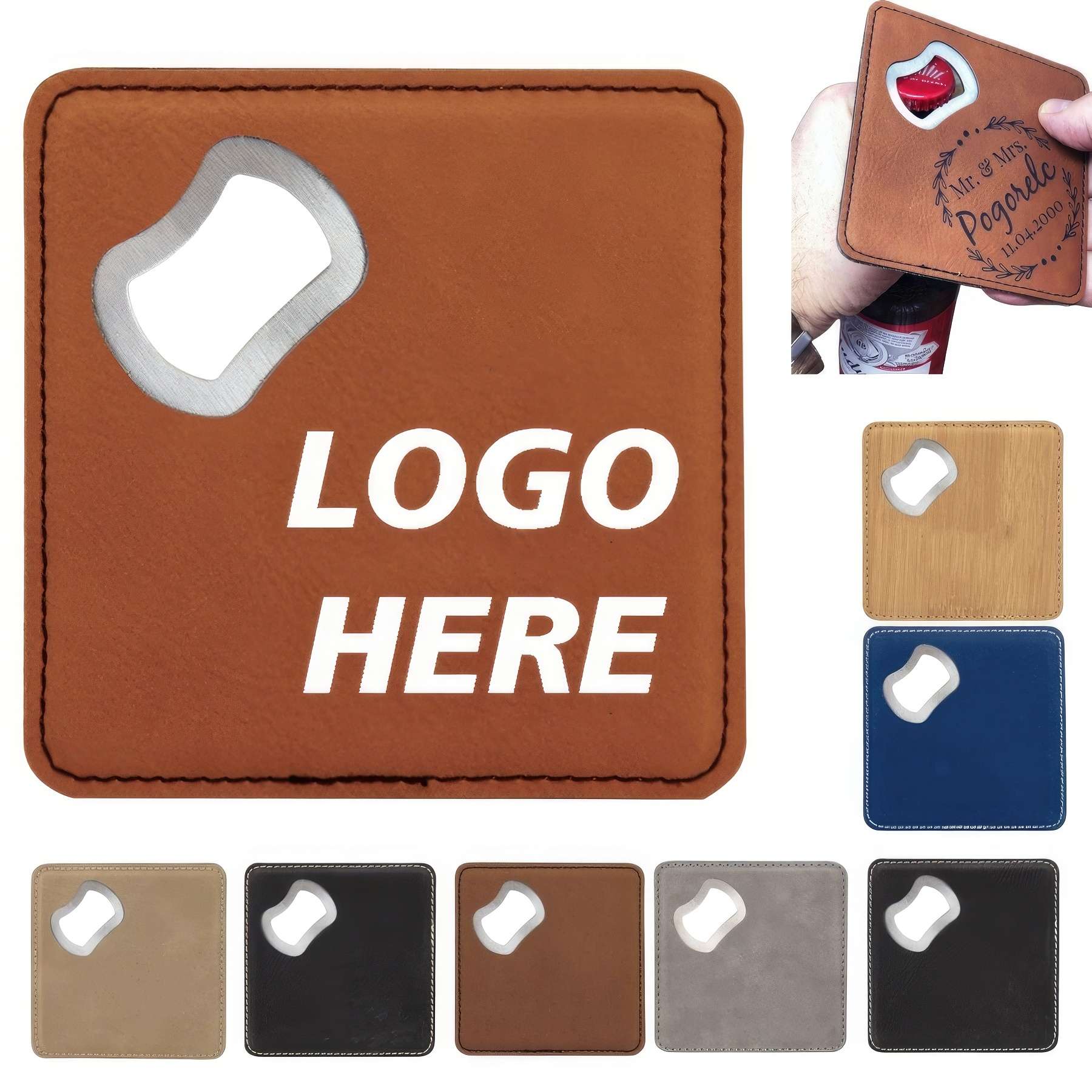 Custom 4 Inch Imitation Leather Coaster and Bottle Opener 2