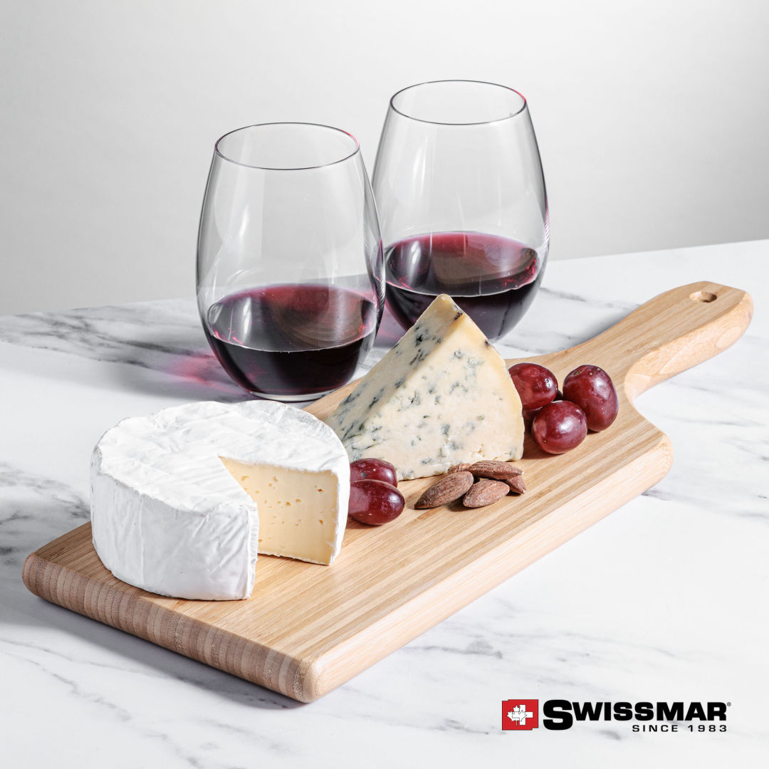 Swissmar® Bamboo Board & 2 Carlita Stemless Wine 4