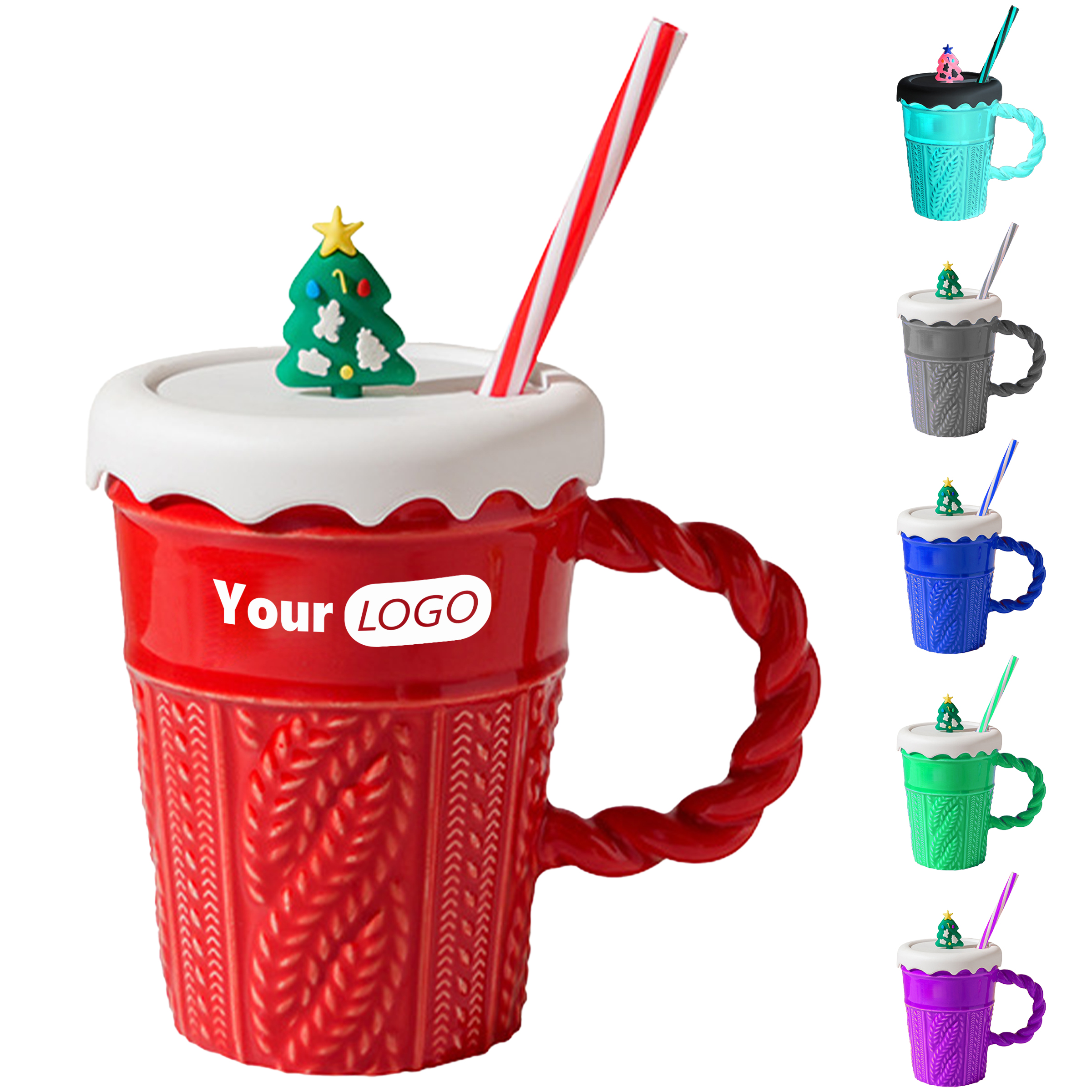 Ceramic Festive Knit-Pattern Christmas Mug With Lid And Straw 5