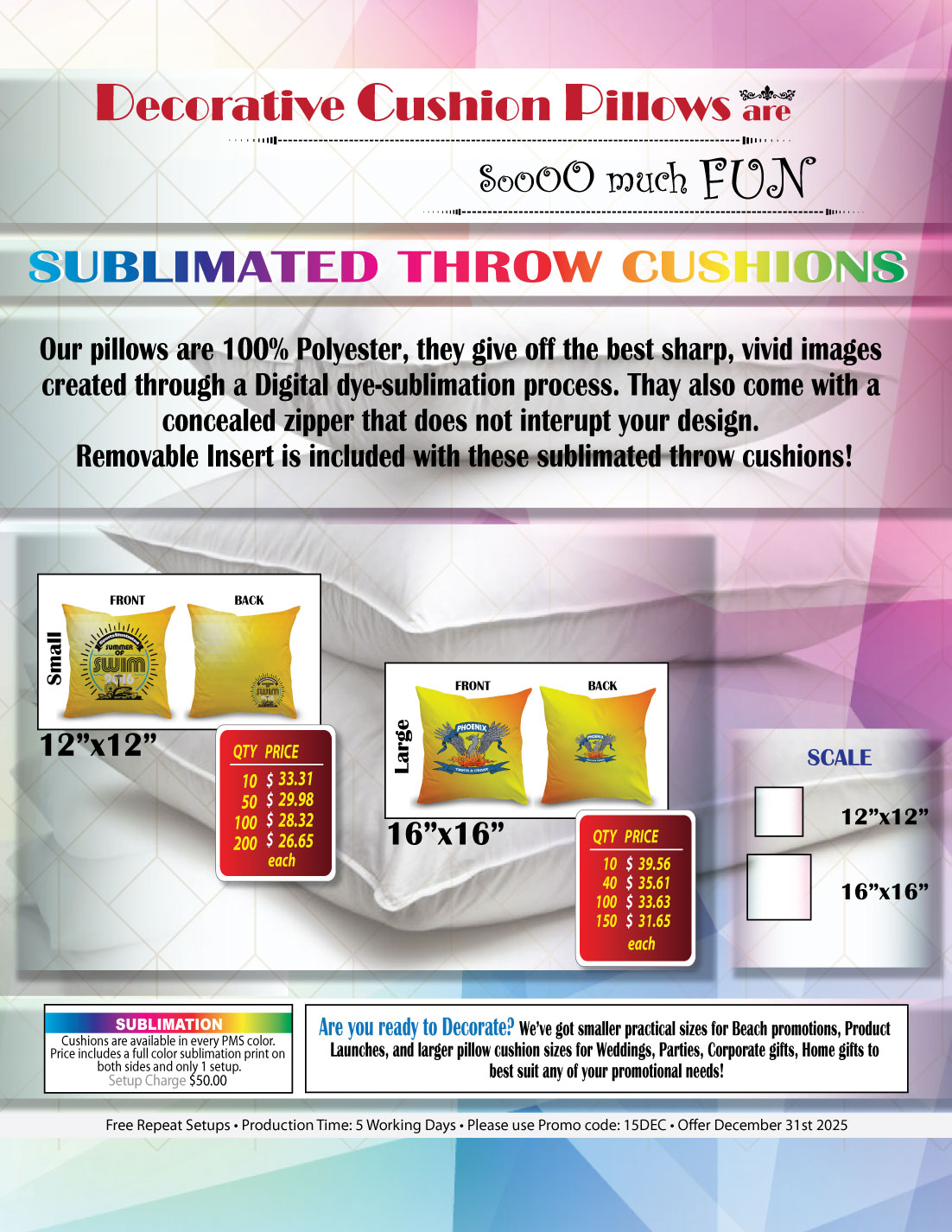 Sublimated Large Throw Cushion, 16x16, Invisible Zipper Closure, Removable insert, Cover is washable 2