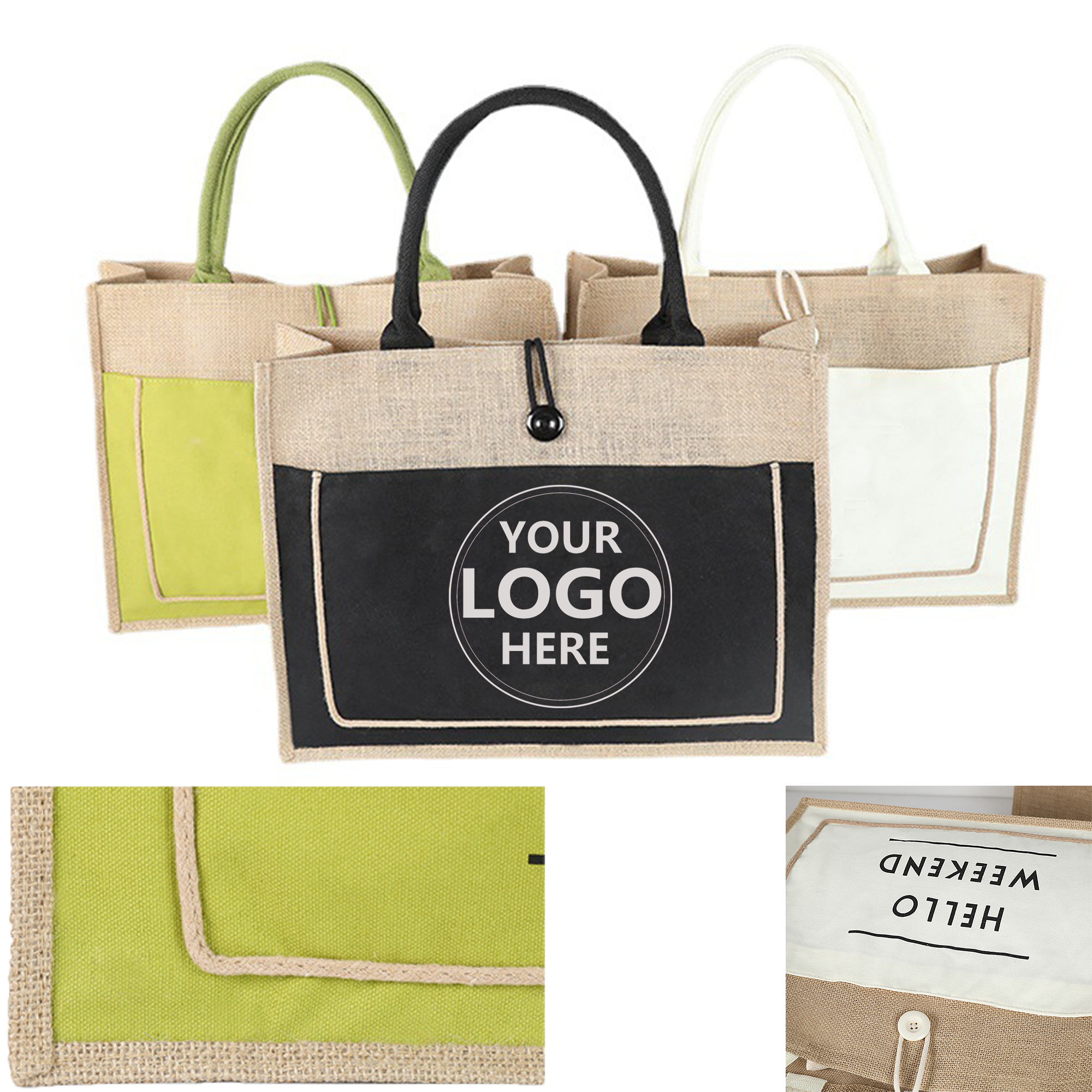 Patchwork Jute Shopping Tote Bag, custom tote bag with logo imprint 1