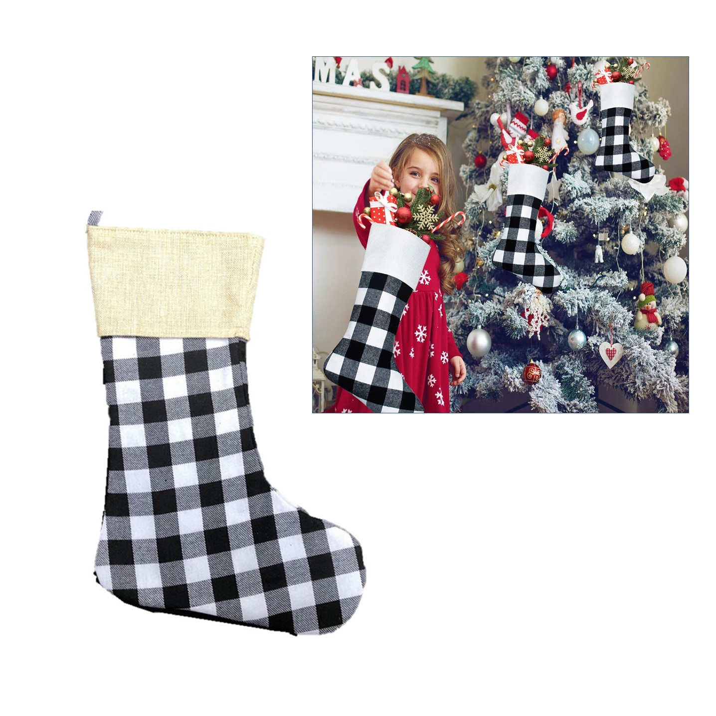 Black White Buffalo Plaid Christmas Stockings 3
