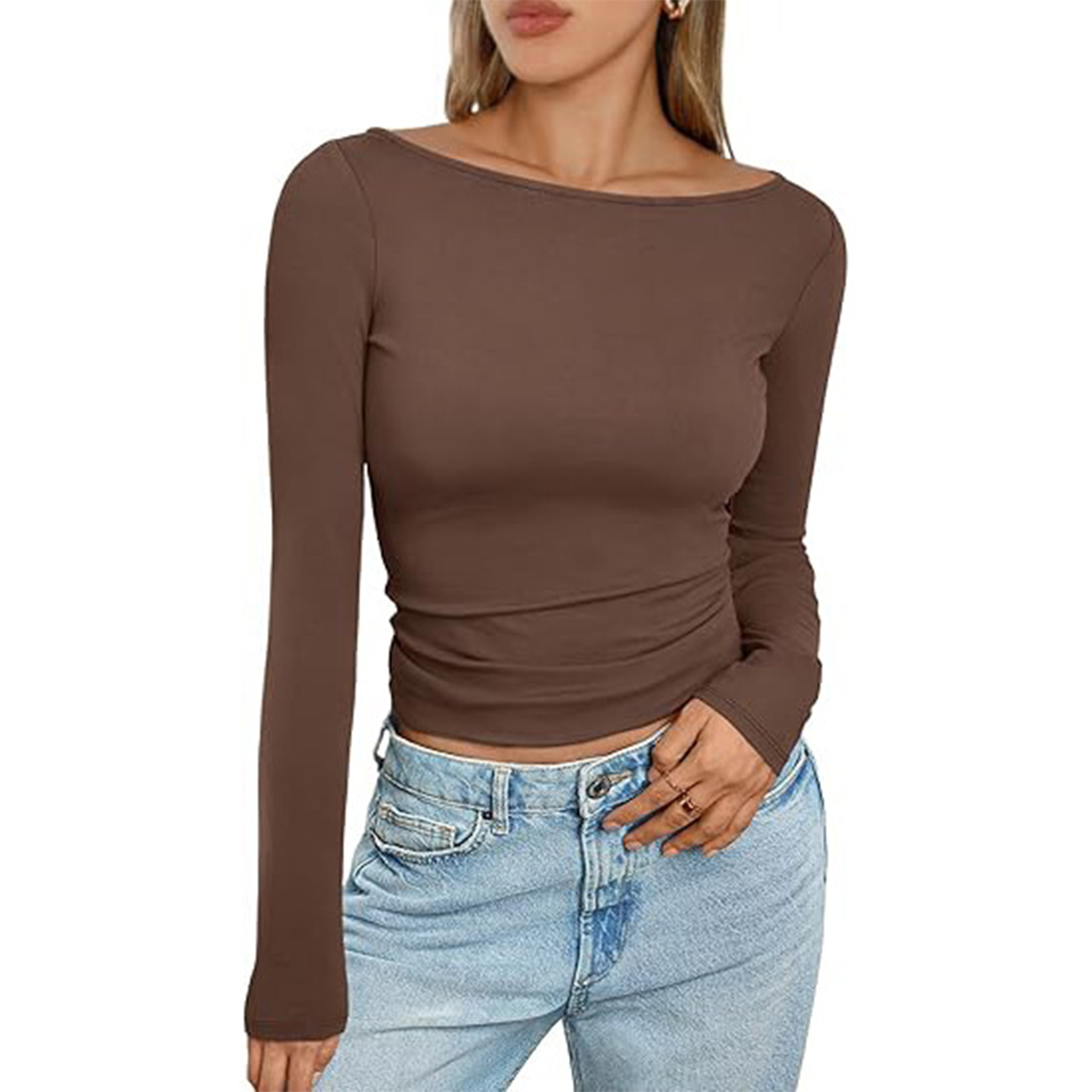 Women Boat Neck Long Sleeve Shirt 17