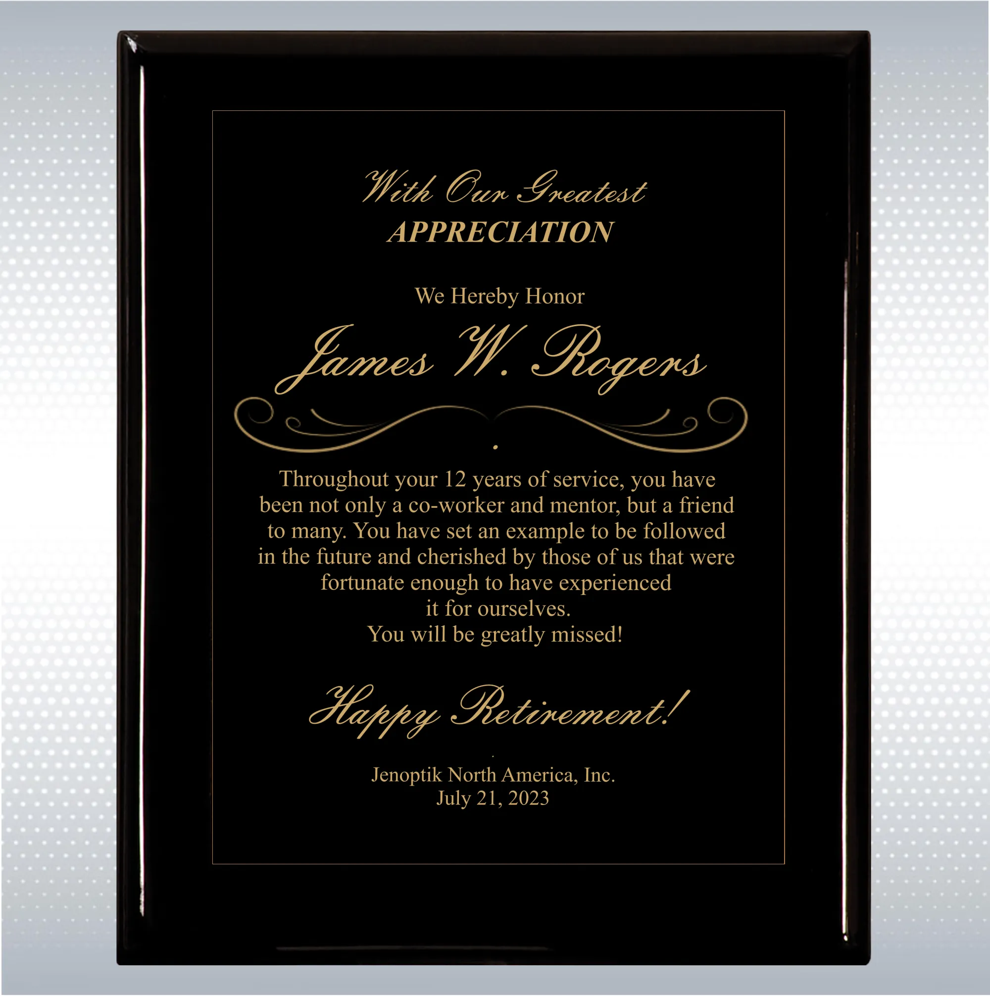 Black Piano Finish Wood Plaque Retirement Gift Award 15