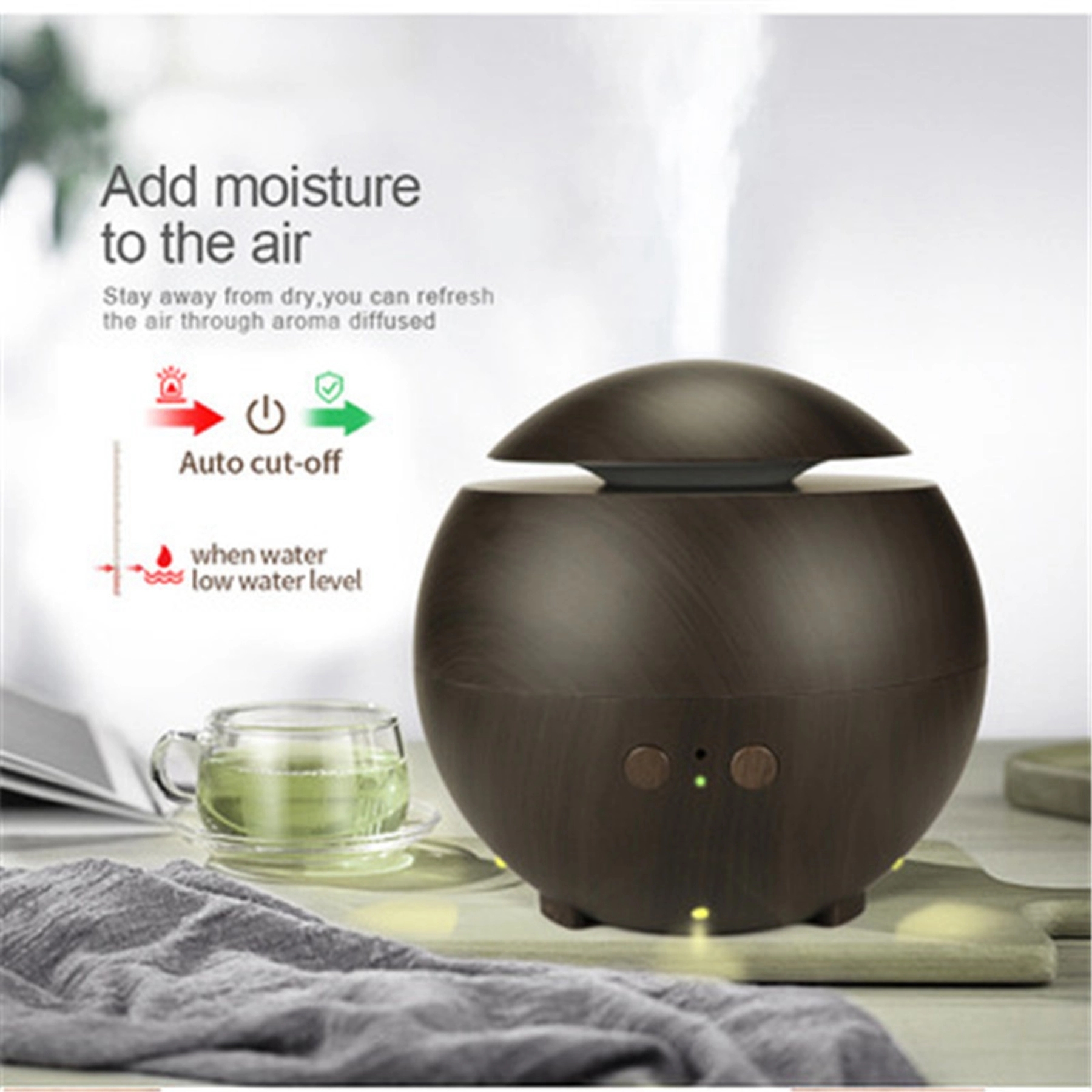 Round Wood Grain Ultrasonic Cool Mist Aroma Humidifier 9