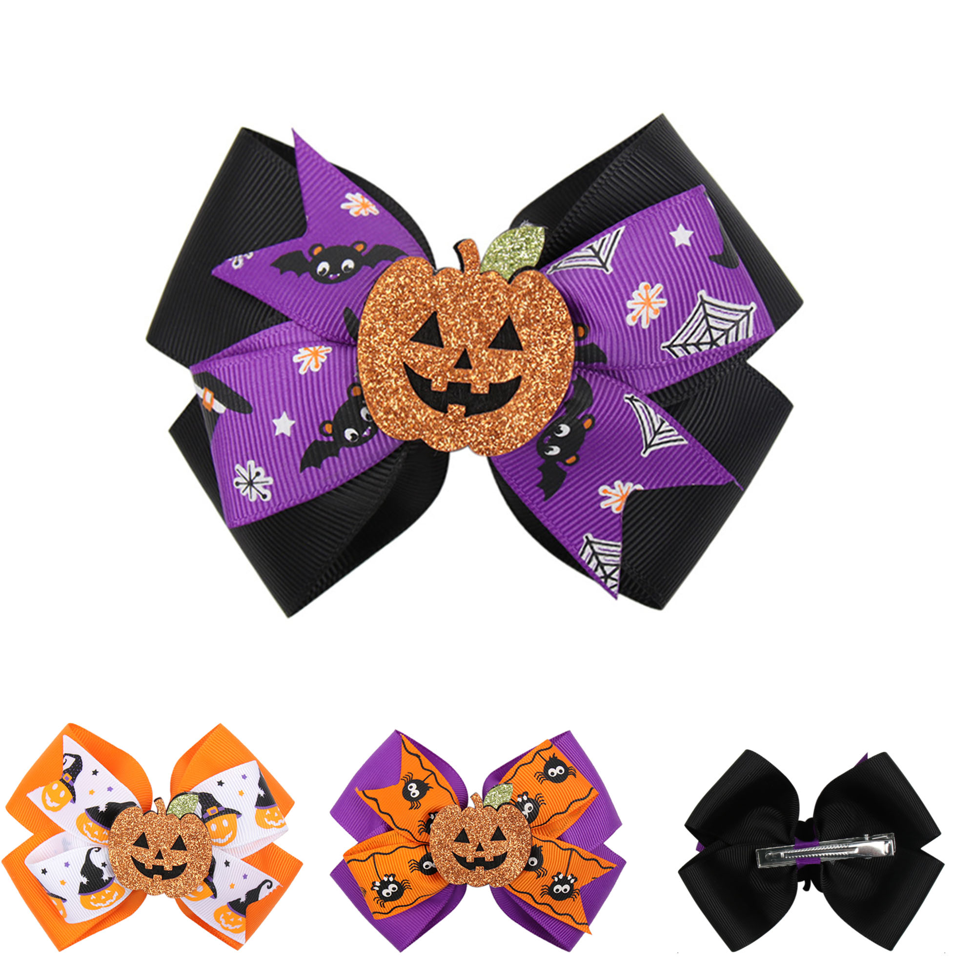 Halloween-Themed Hair Bows with Spider and Pumpkin Clips 2