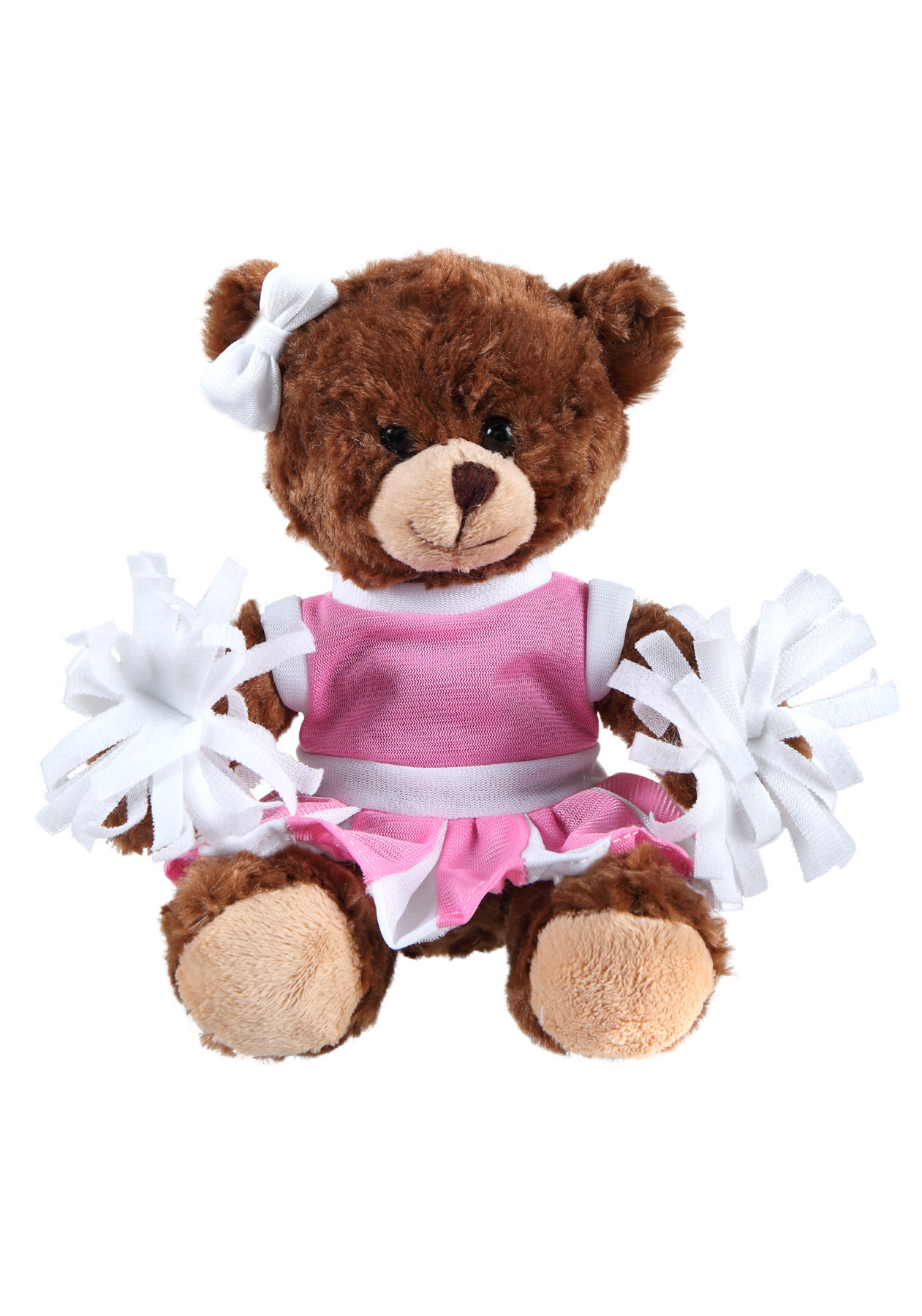 soft plush  Chocolate Curly Sitting Bear with cheerleader outfit