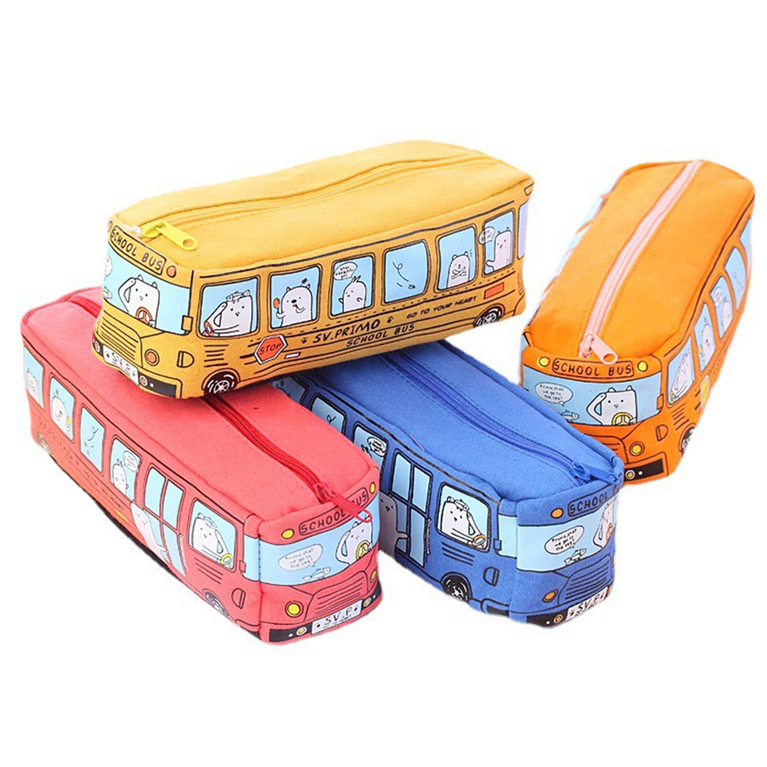 Cartoon City Bus Pencil Pouch Large Canvas Zipper Bag 3
