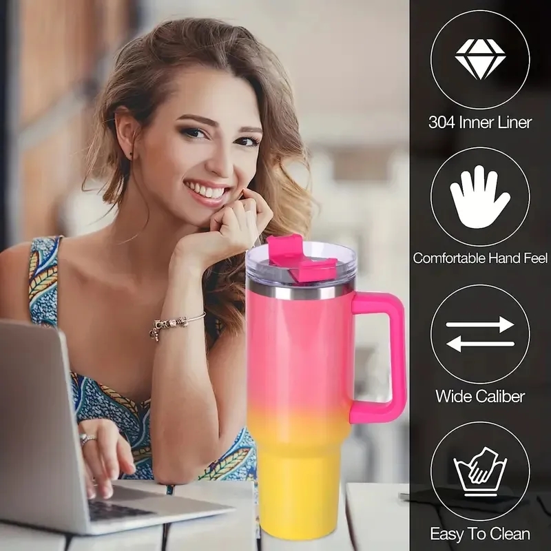 40oz Portable Rainbow Gradient Car Tumbler With Handle Straw 23