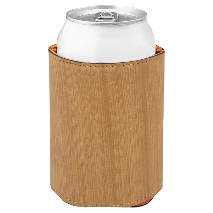 3 3/4" Bamboo Leatherette Beverage Holder, custom koozie with logo imprint 2