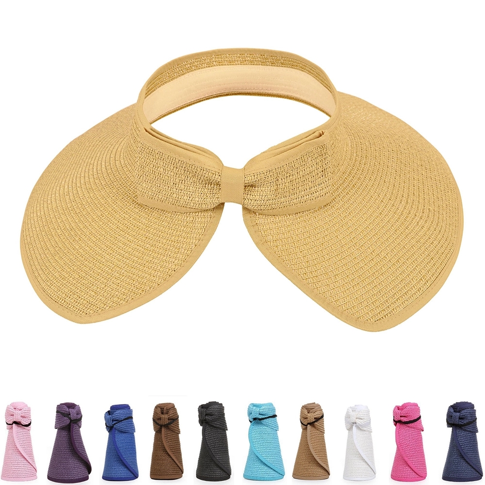 Women's Wide Brim Roll-up Straw Sun Hat Beach Visor 1