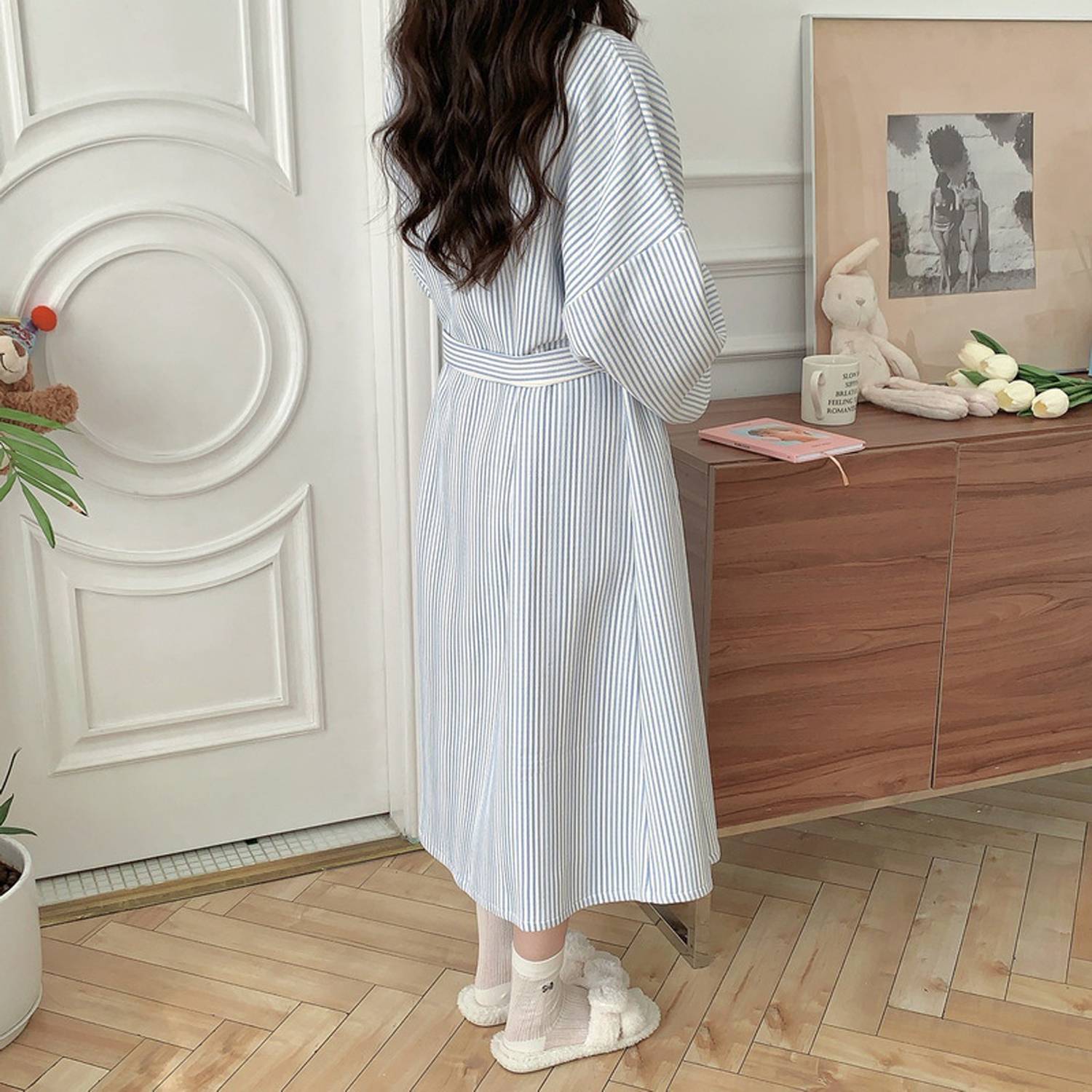 Women Winter Thermal Striped Bathrobe Loungewear 6