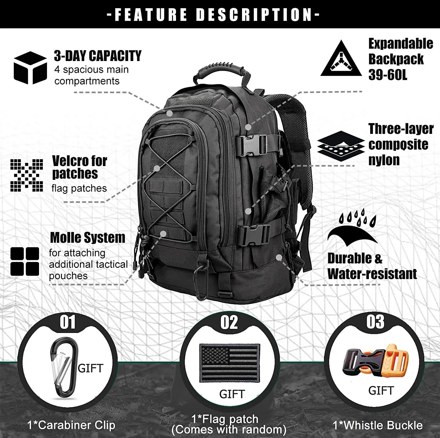 Tactical Hiking Expandable 39L-60L Backpack 4
