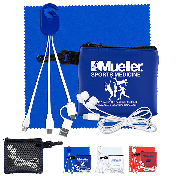 “TechMesh Hang Tunes” Mobile Tech Charging Kit with Earbuds and Charging Cable in Mesh Zipper Pouch