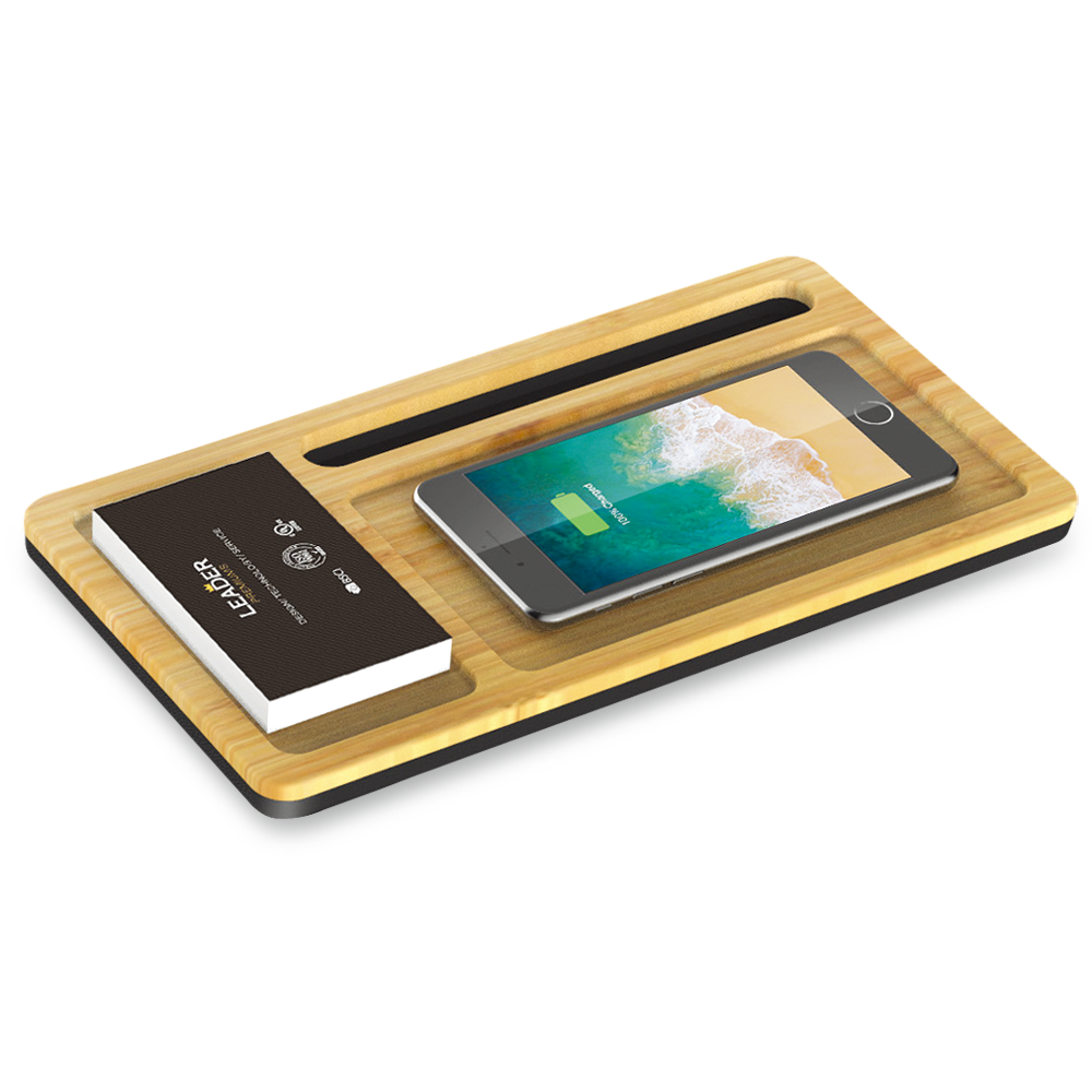 Wizchark Bamboo 10W Qi Wireless Charger Desktop Organizer