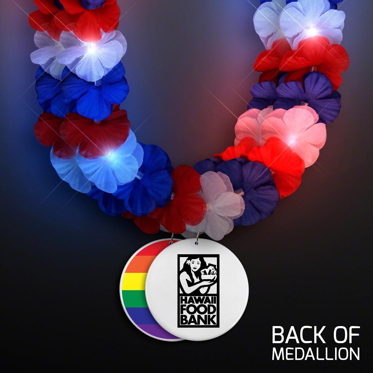 Red, White & Blue LED Hawaiian Lei with Rainbow Medallion 2