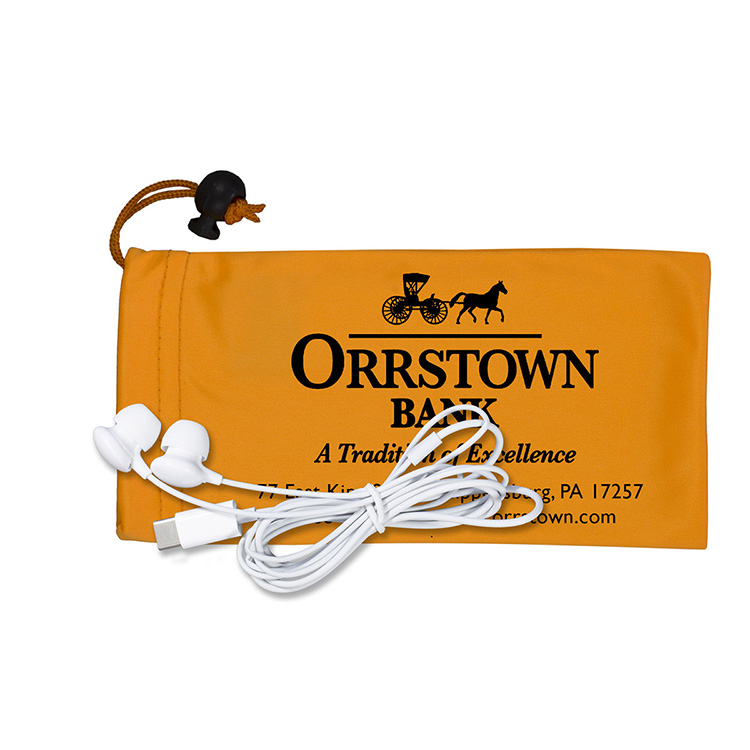 Mobile Tech Earbud Kit in Microfiber Cinch Pouch Components inserted into Microfiber Pouch 15