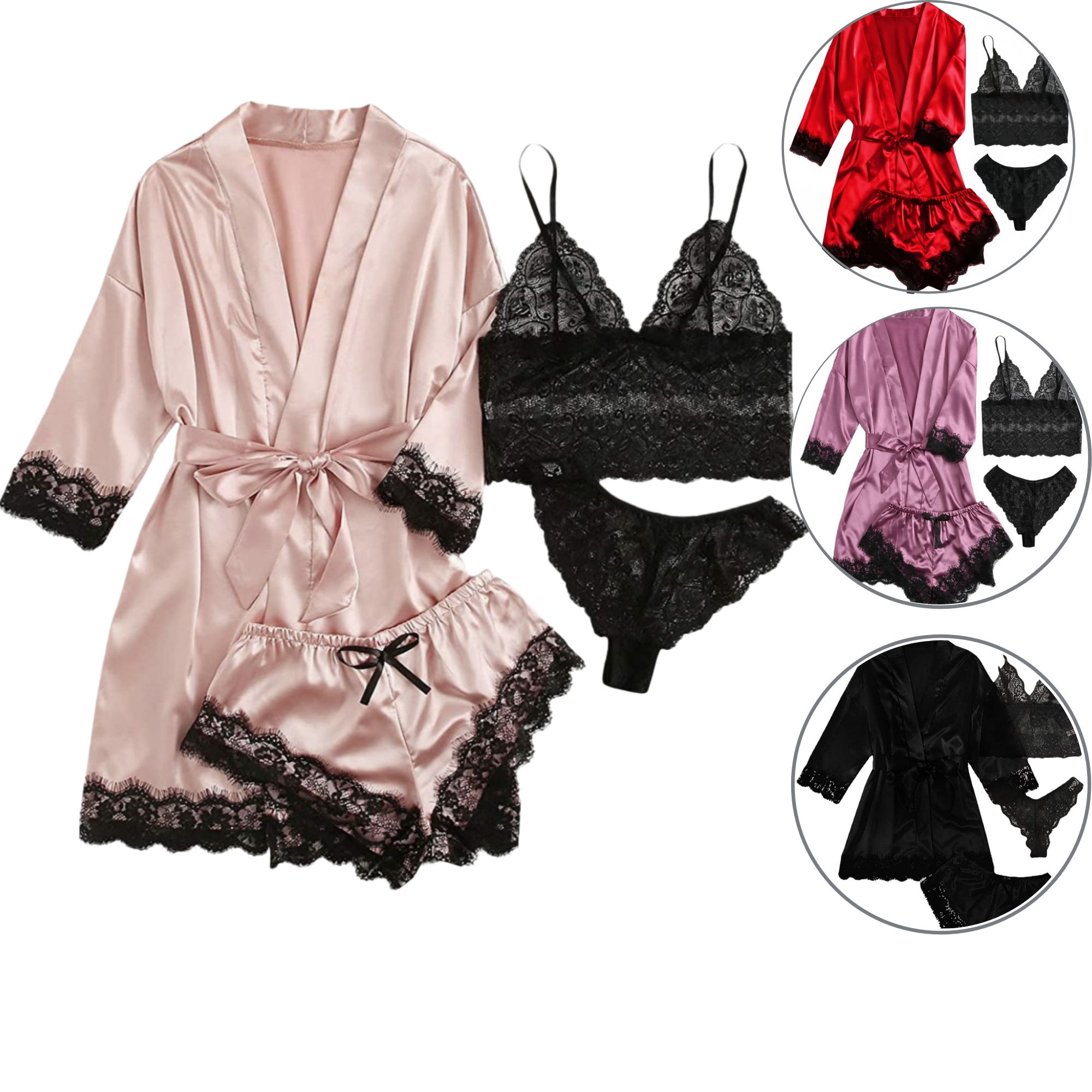 Four-Piece Soft Lace Satin Pajama Set 2