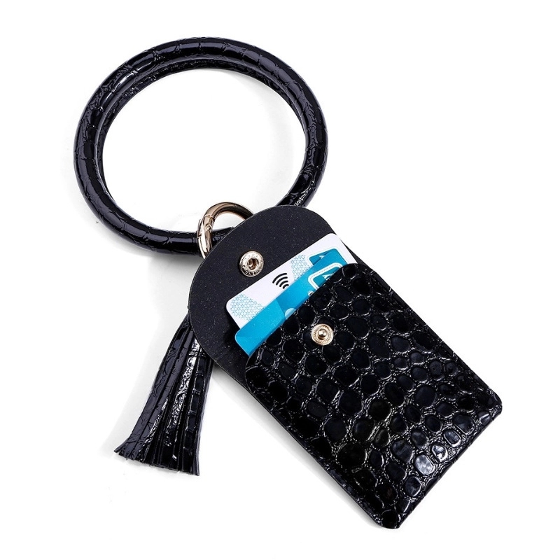PU Leather Tassel Bracelet ID Credit Cards Holder Keychain 5
