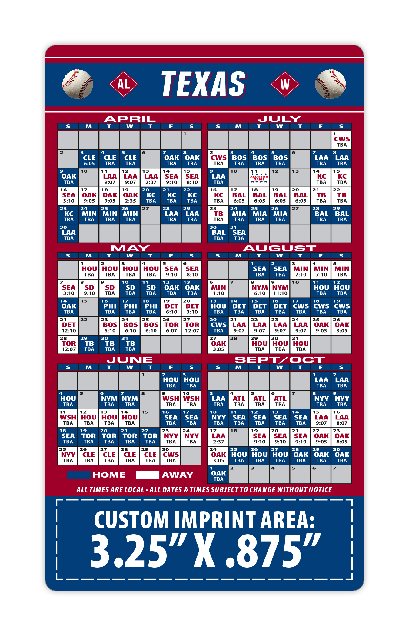 Magnet Sport Schedules - 3.5x6 Baseball Round Corners - 20 mil. 3