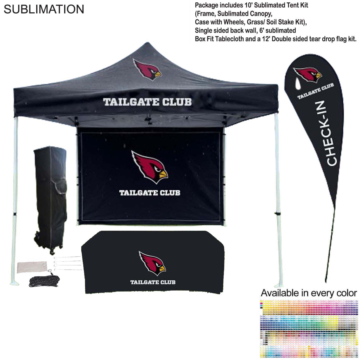 Game Day Tailgate Package, 10' Tent kit, Backwall, Box Fit Tablecloth, and Double sided Flag Kit 17
