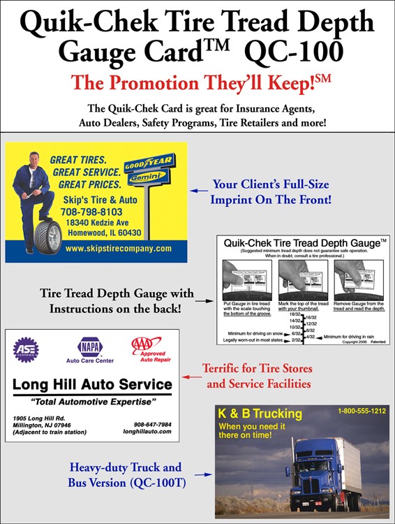 Quik-Chek TM Tire Tread Depth Gauge Card Patented