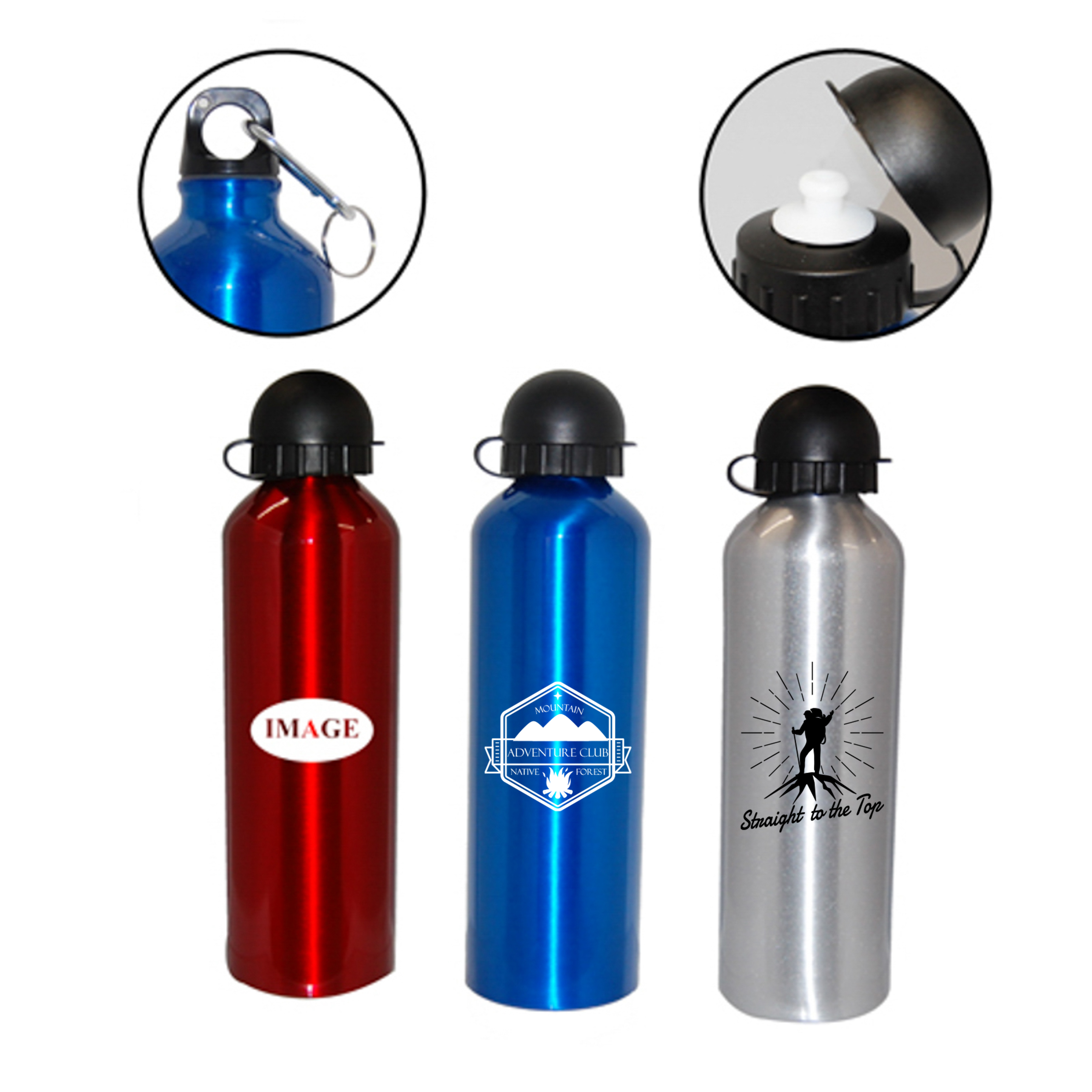 Aluminum Water Bottle with Lid secured with carabiner, custom water bottle with logo imprint 3