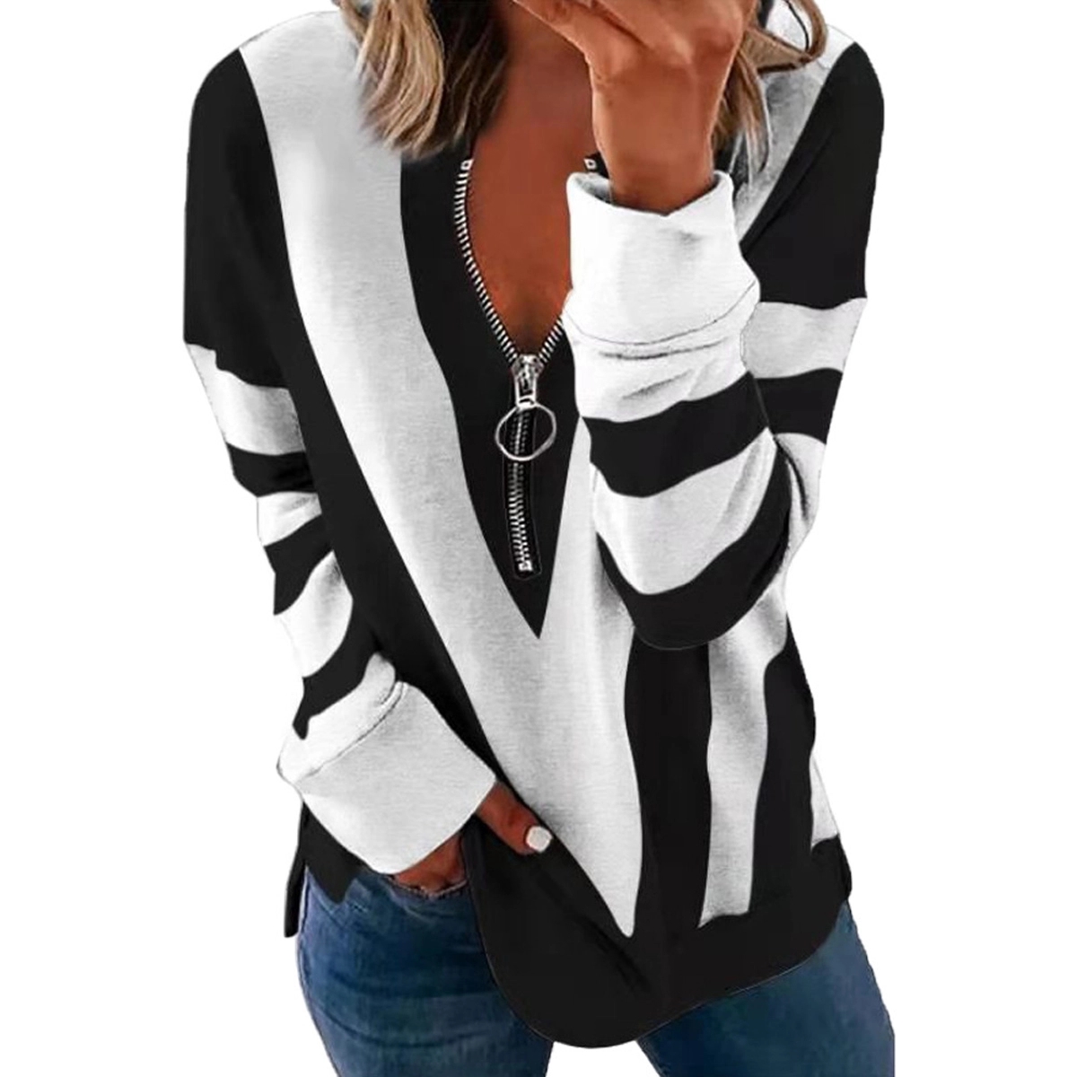 Long Sleeve Zipper V Neck Printed Tops T-Shirts 3