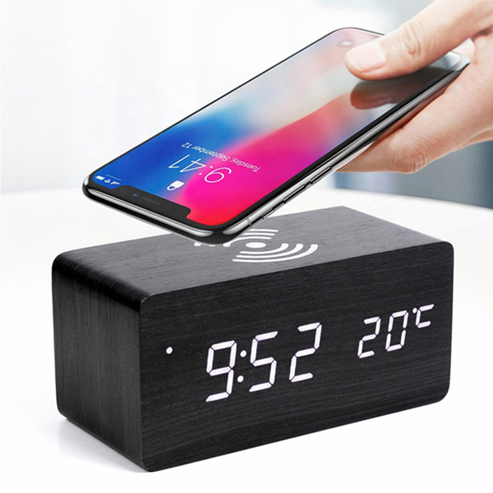 Wooden LED Alarm Clock with Wireless Charger 2