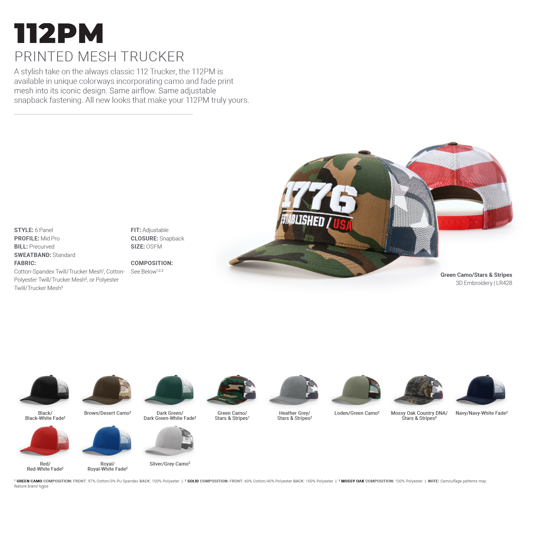 Richardson 112PM Printed Mesh Snapback Trucker Hat w/Leatherette Adhesive Patches or Embroidery 11