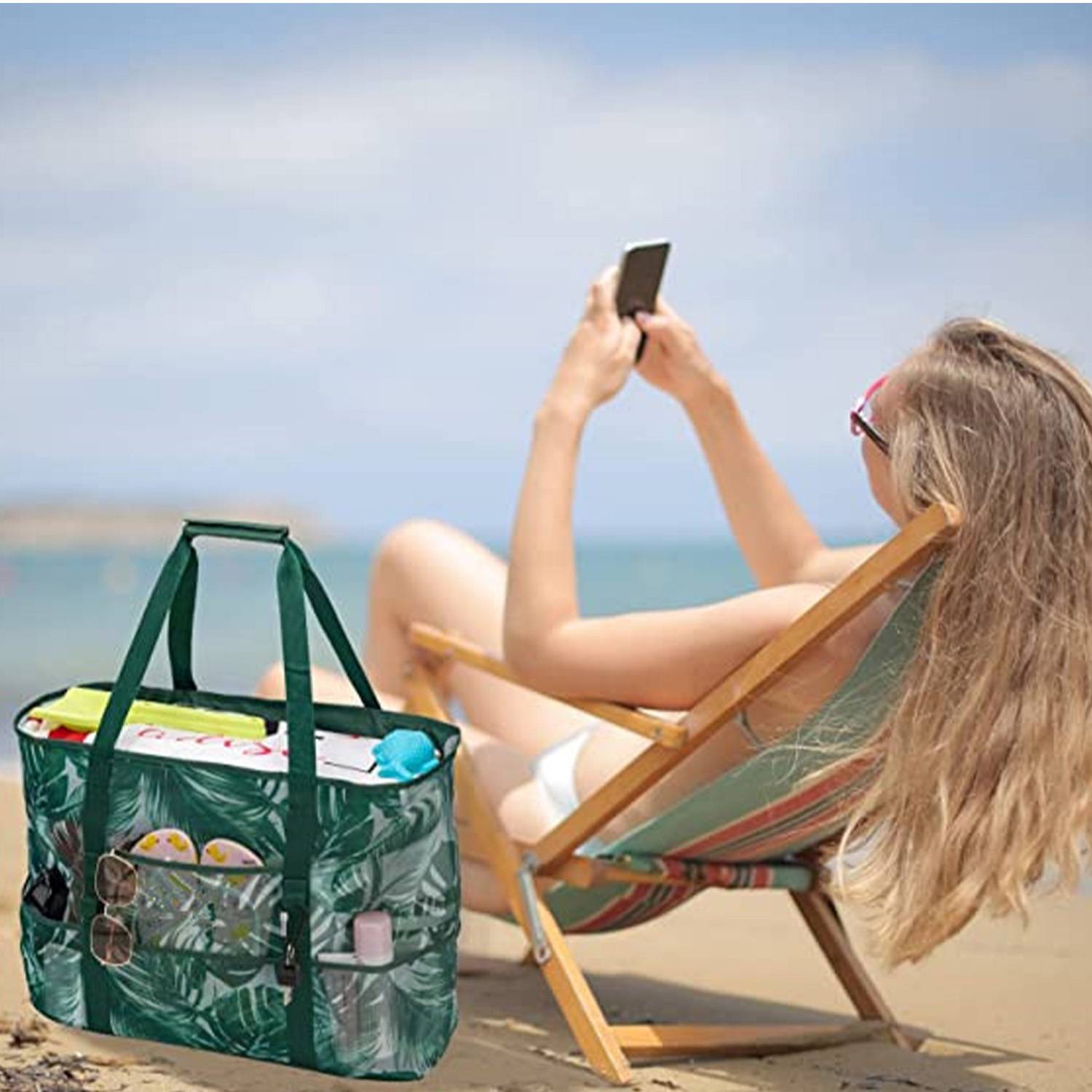 Large Mesh Nylon Beach Tote Bag w/ Pockets for Travel 12