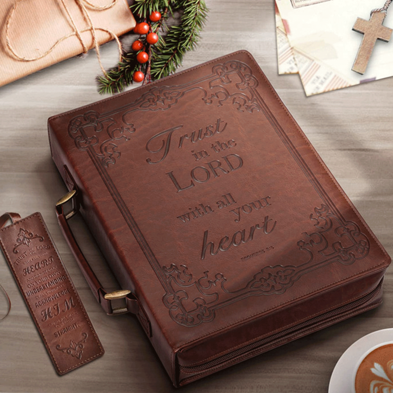 PU Leather Book Cover Carrying Case Bible Bag w/ Handle 4