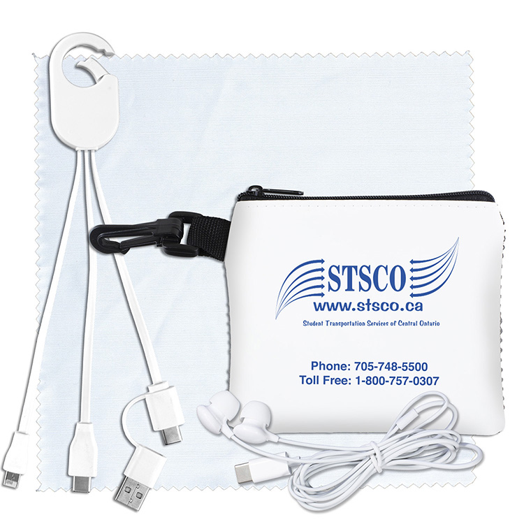 "TechMesh Hang Pro" Mobile Tech Charging Cable Kit in Mesh Zipper Pouch Components inserted into Zip 9