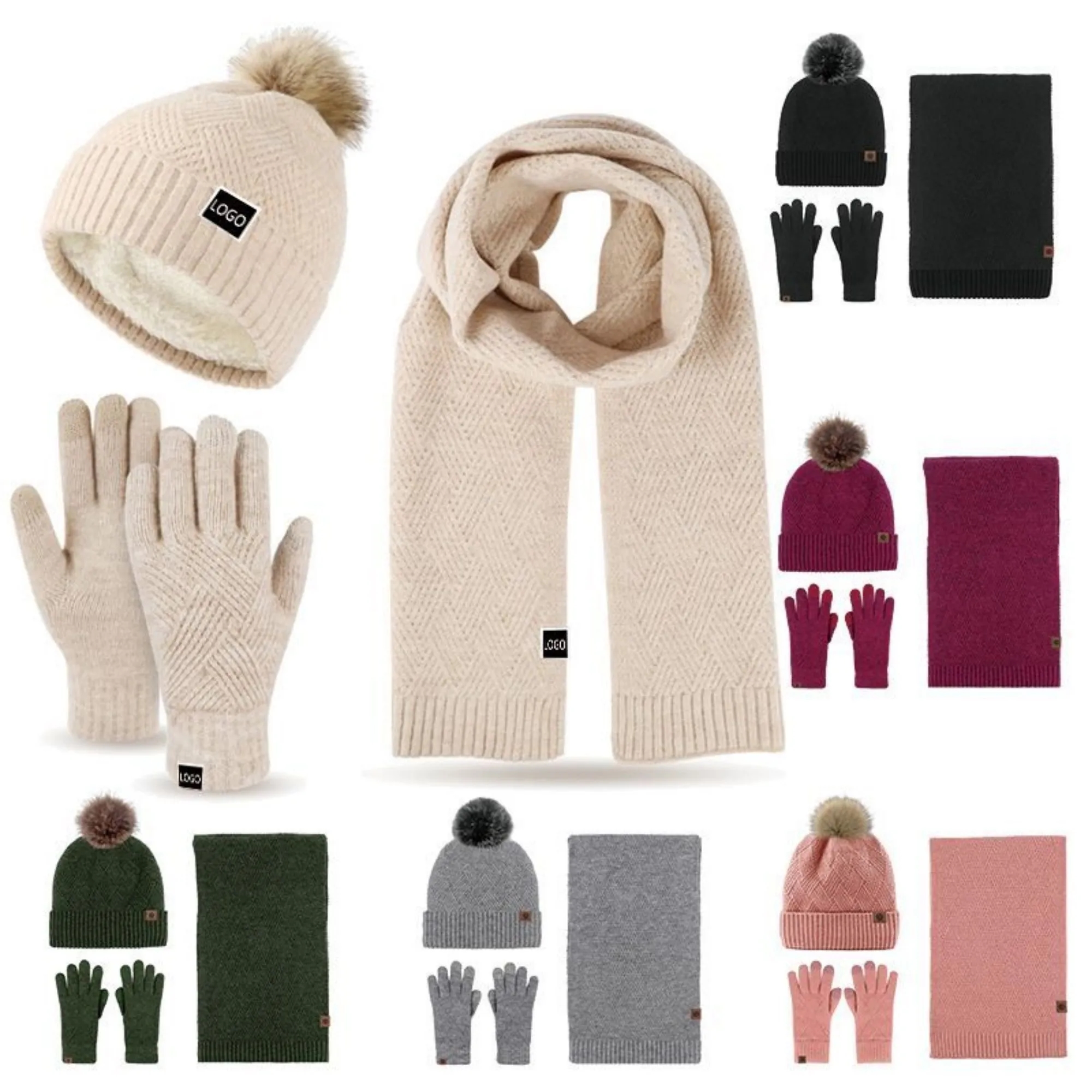 Three-Piece Thick Woolen Knitted Beanie Scarf And Gloves Set
