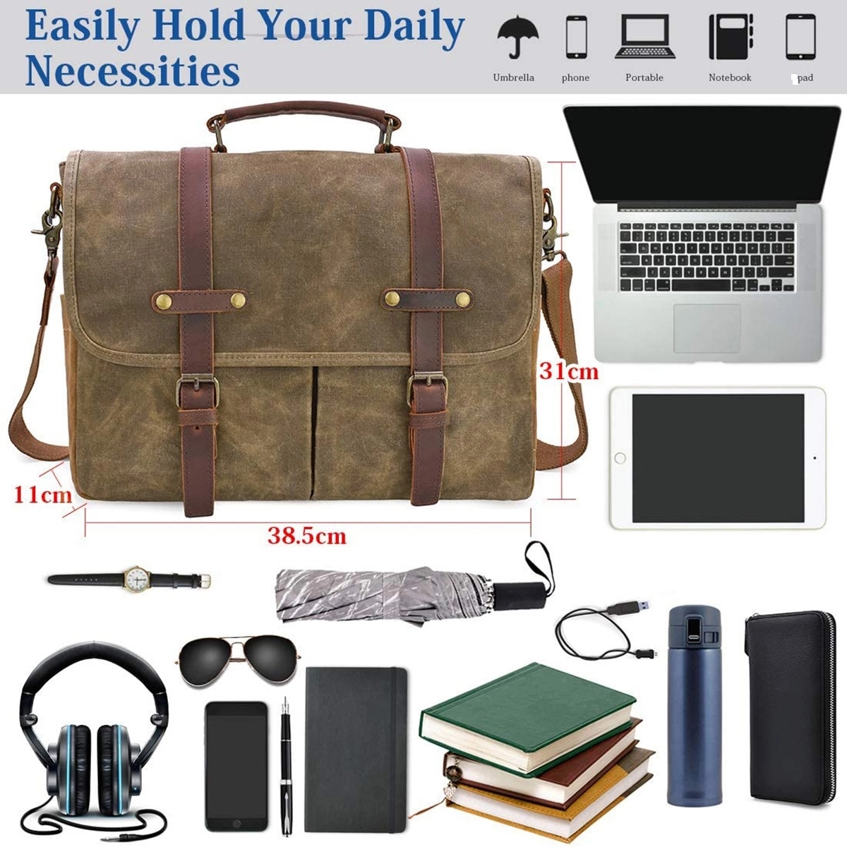 15.6 Inch Messenger Bag Waterproof Waxed Briefcase Laptop 1