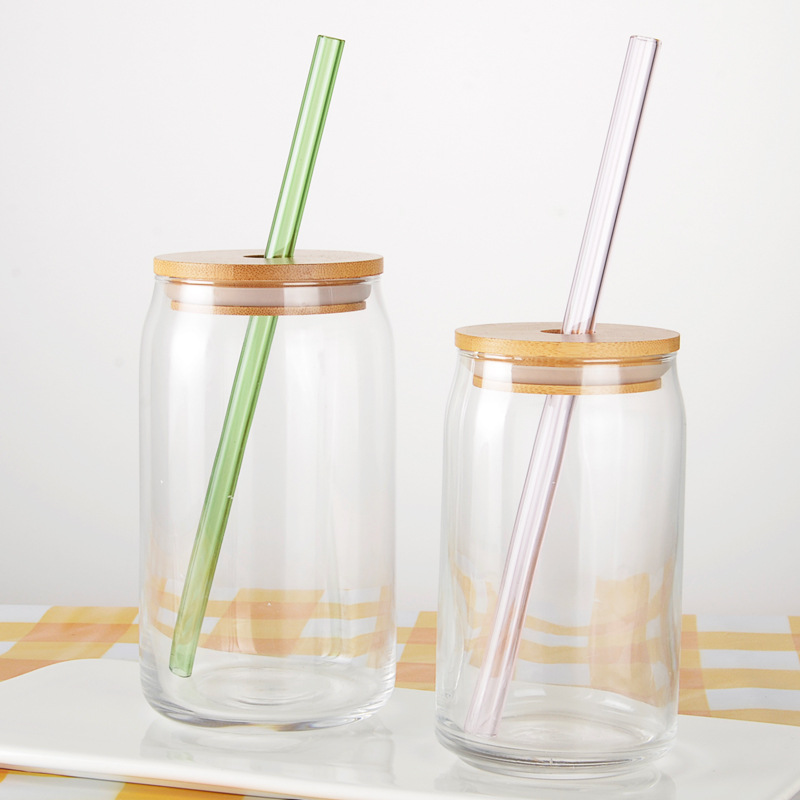 Glass Can with Lid and Glass Straw 1