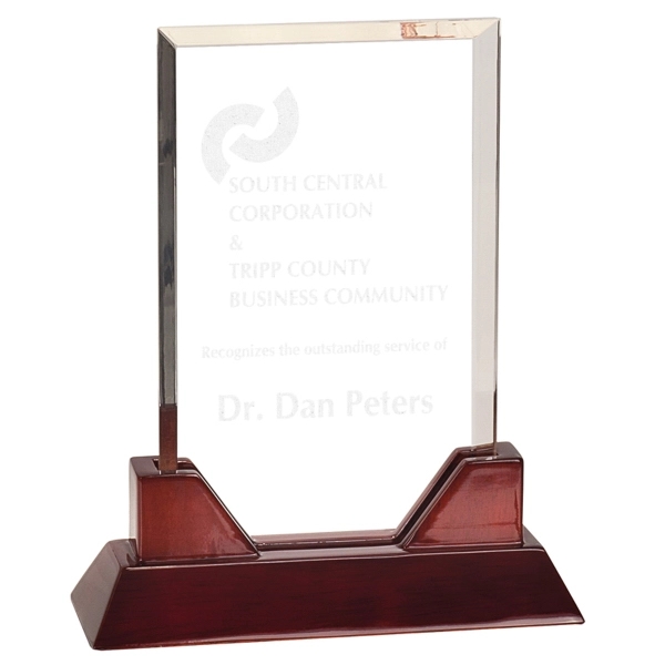 8 3/4" Rectangle Prestige Acrylic Award w/Rosewood Piano Finish Base 1