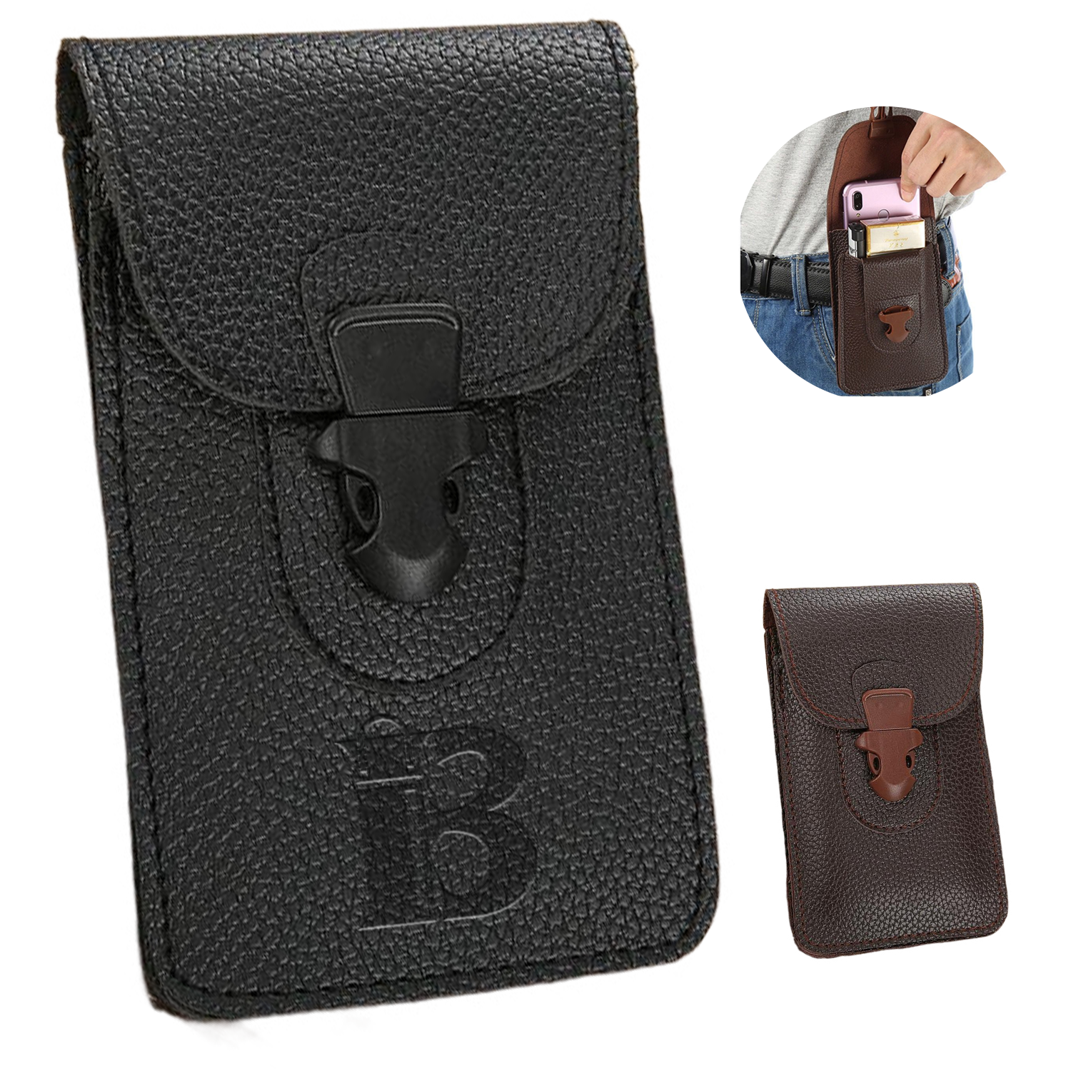 PU Leather Vertical Phone Waist Bag w/ Carabiner 4