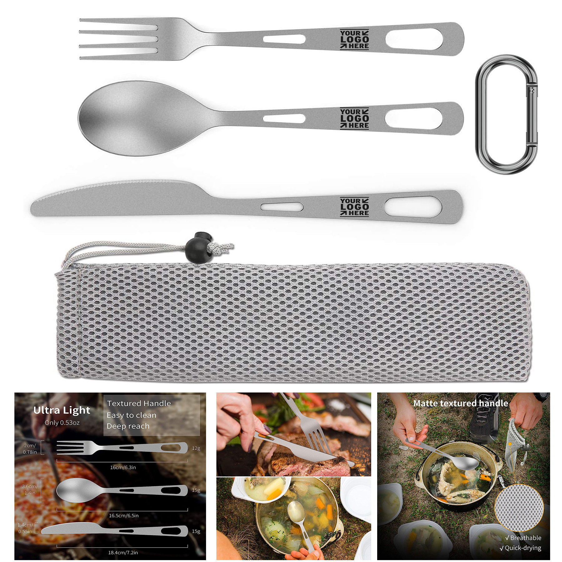 Titanium Flatware Knife Fork Spoon Set Lightweight Camping Travel Utility Cutlery with Carrying Bag 