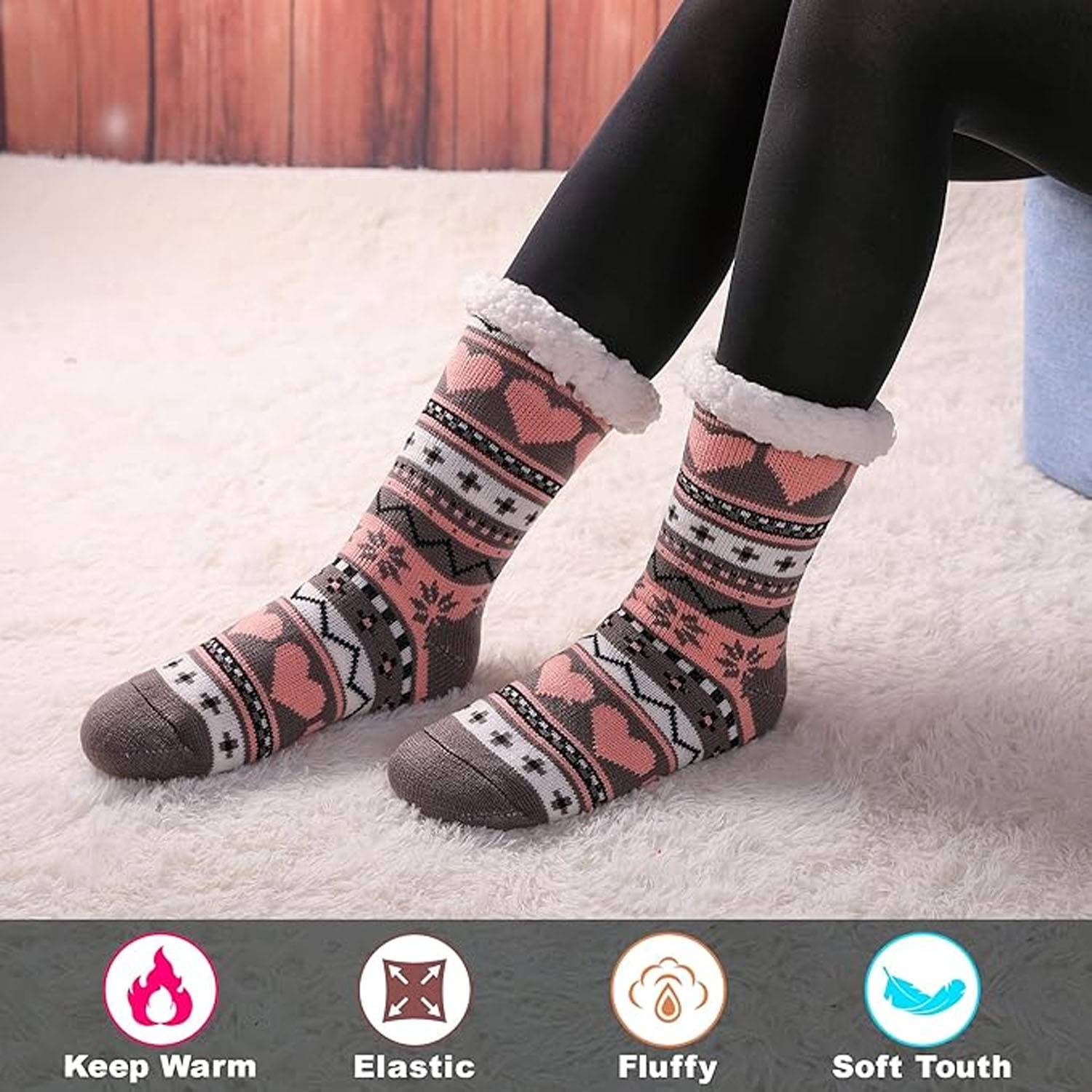 Women's Non-Slip Crew Socks - Hearts Sherpa-Lined 2