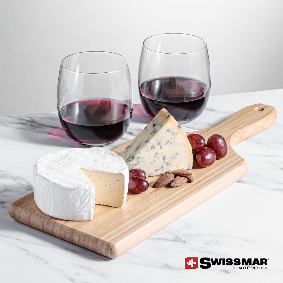 Swissmar® Bamboo Board & 2 Zacata Stemless Wine 2
