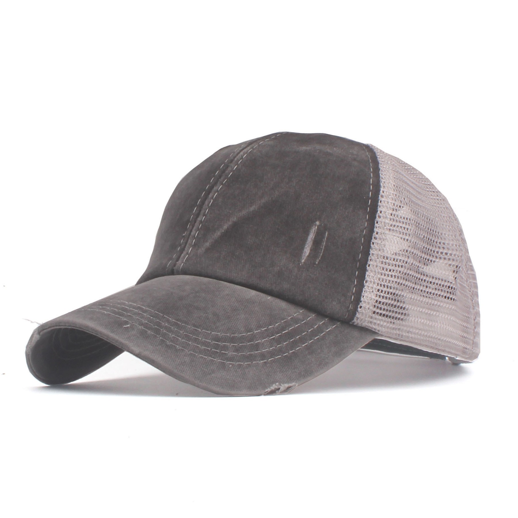 Washed Denim Criss Cross Ponytail Trucker Cap 5