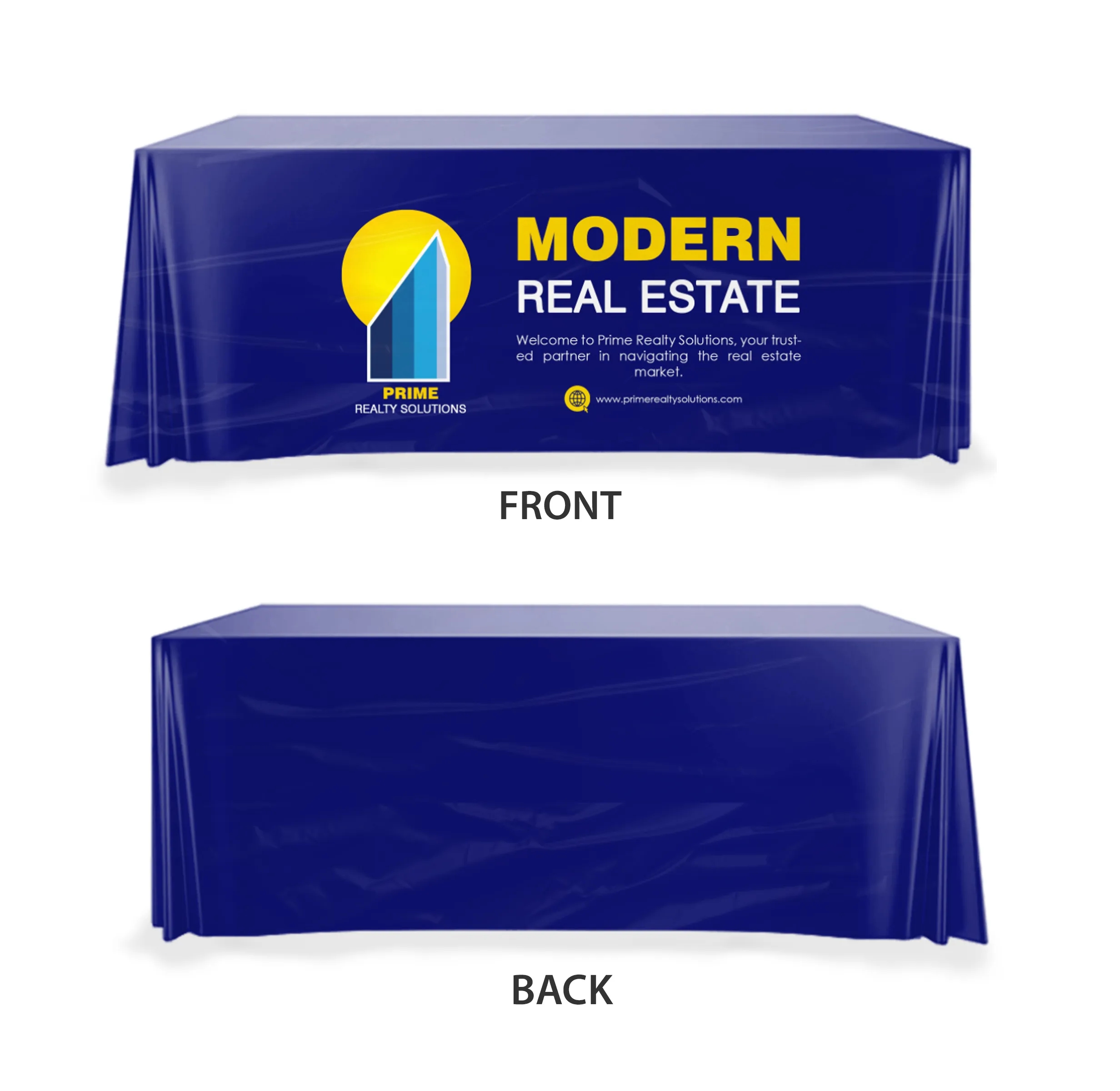 8' Disposable plastic table covers - front panel, full color 3