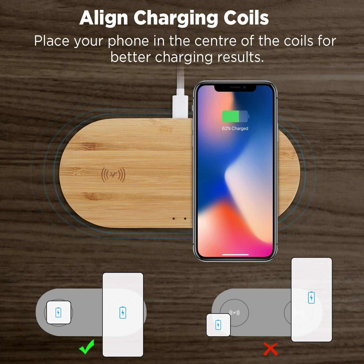 Bamboo Wireless Charger Double 10W Charging Pad Compatible 9