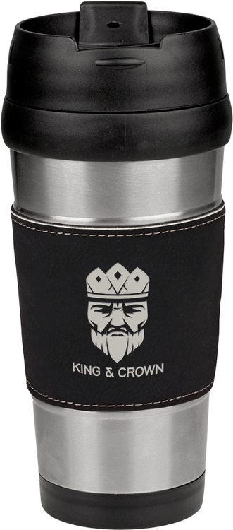 16 oz. Laser Engraved Stainless Steel Travel Mug With Black Leatherette Grip 2