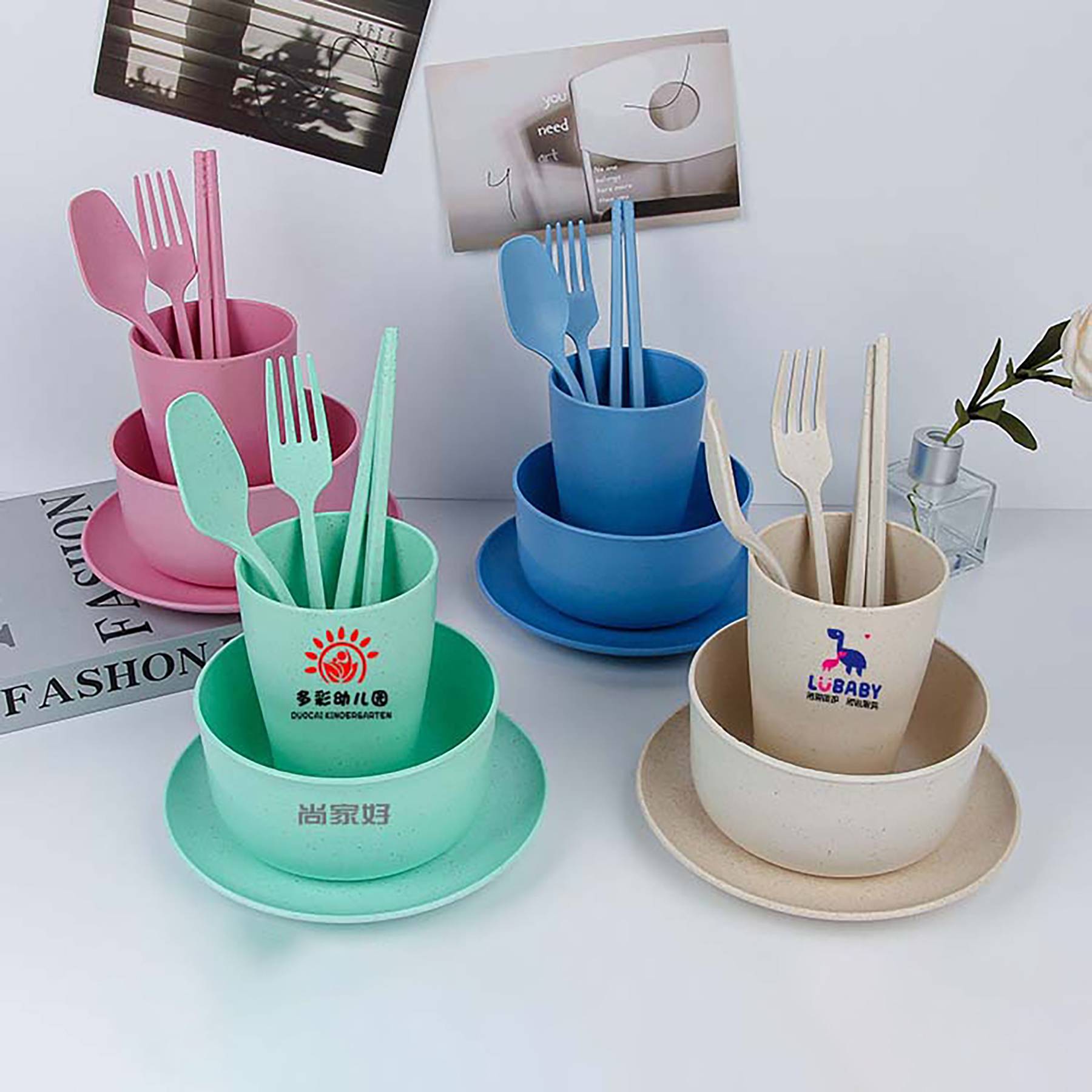 Biodegradable Wheat Straw Cups Bowl Plates Dinnerware Sets 4