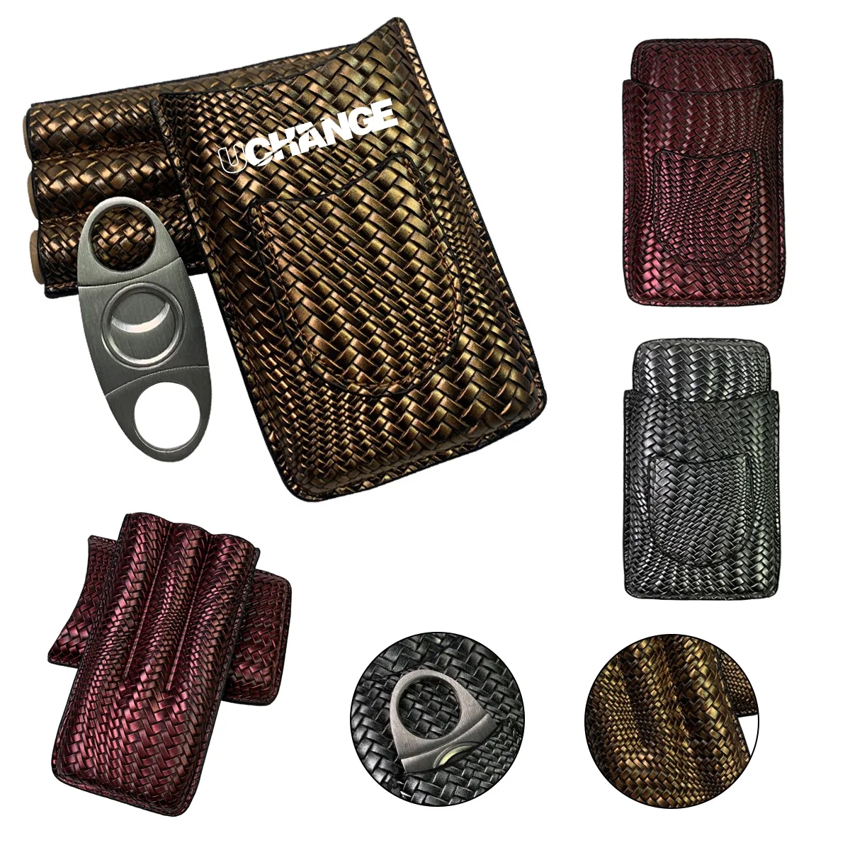 Embossed Woven Leather Cigar Case With Cutter Pocket 6