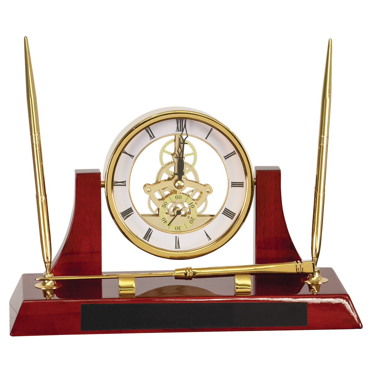10 1/2" x 6" Executive Gold/Rosewood Piano Finish Clock w/2 Pens/Letter Opener 2