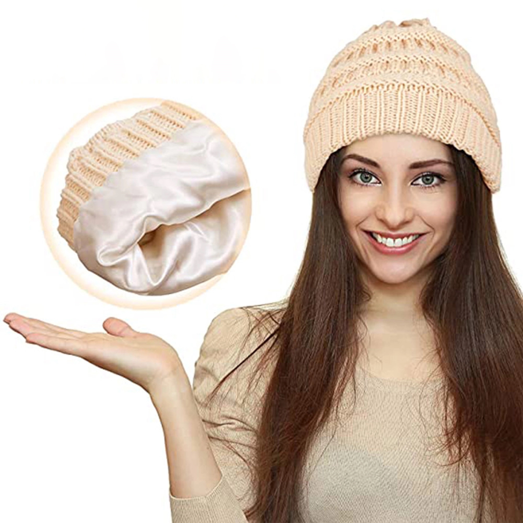 Winter Knitted Satin Lined Beanie Hats 6