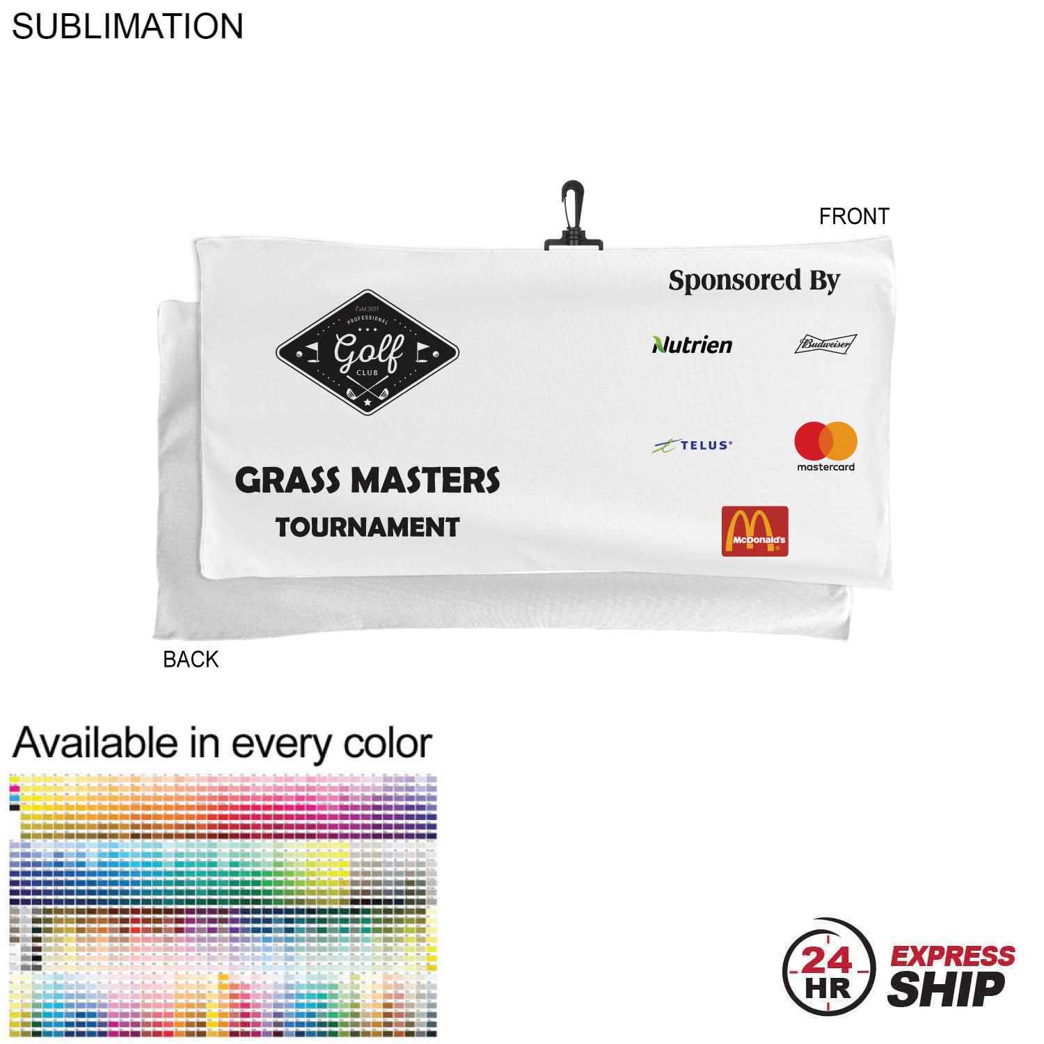 24 Hr Express Ship - Oversized Golf Towel in Microfiber Terry, 22x44, with Black Hook, Sublimated 2